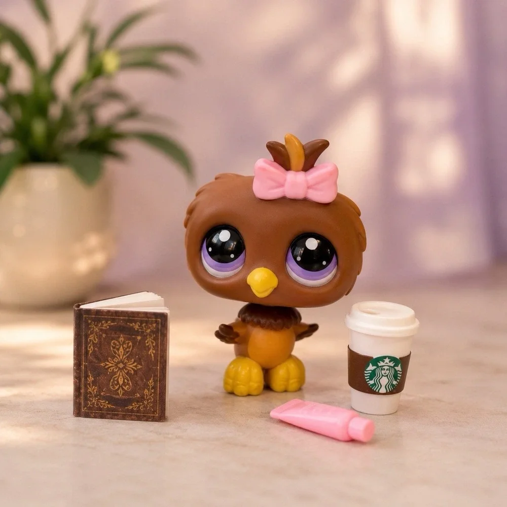 Littlest Pet Shop LPS #354 Brown Owl Pink Bow 2007 Gen 2 w/ Accessories